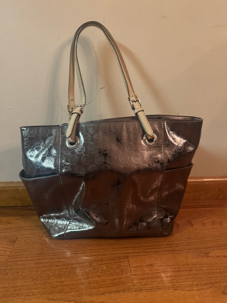 Michael Kors Metallic Gray Tote With Cream Handles With Matching Wallet